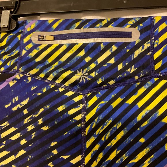 Athleta Radical Stripe Capri Leggings M Blue Black Yellow Purple - Picture 9 of 10